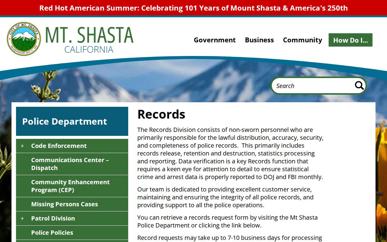 Mount Shasta Police arrest records request information