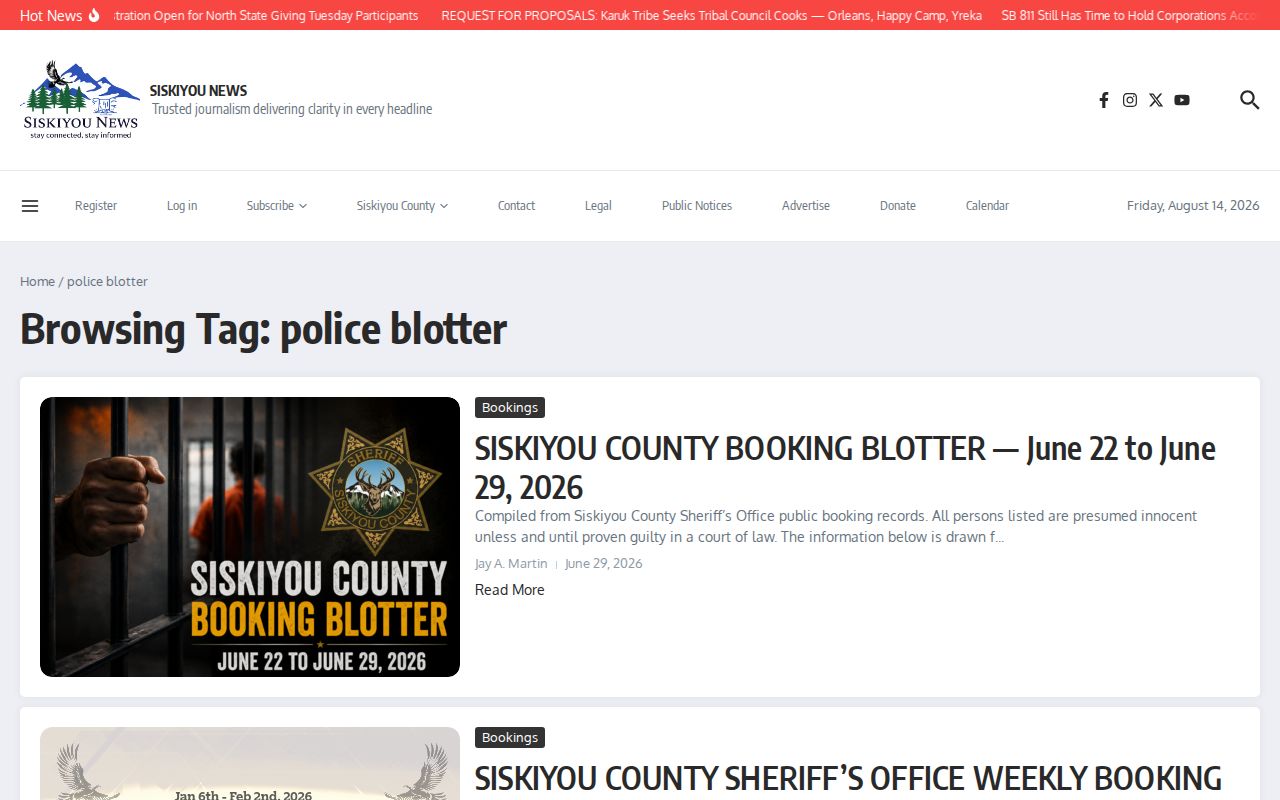 Siskiyou County crime news police blotter archive