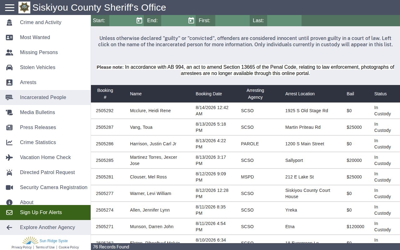 Siskiyou County Jail incarcerated people roster search form