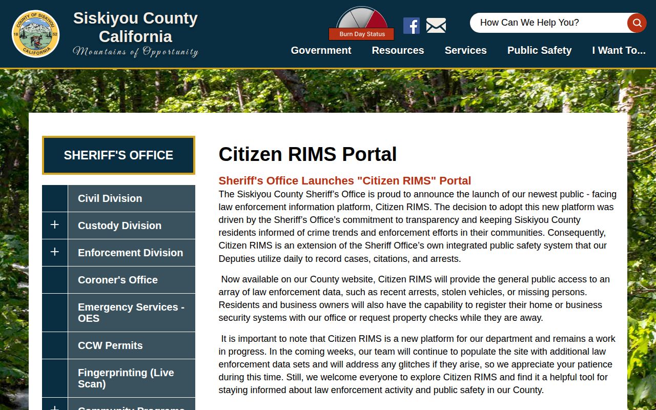 Siskiyou County official Citizen RIMS booking records page