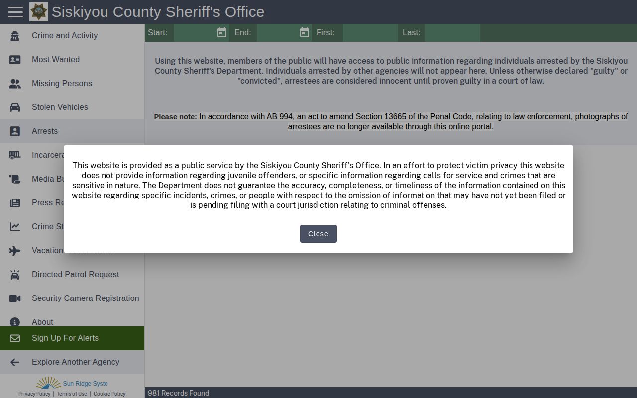 Siskiyou County recent arrest and booking feed interface