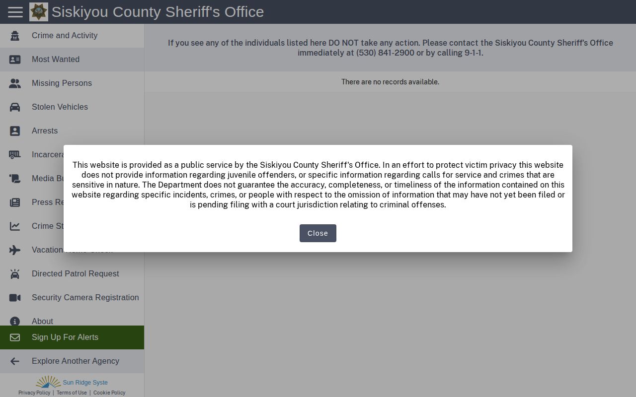 Siskiyou County Most Wanted official record interface