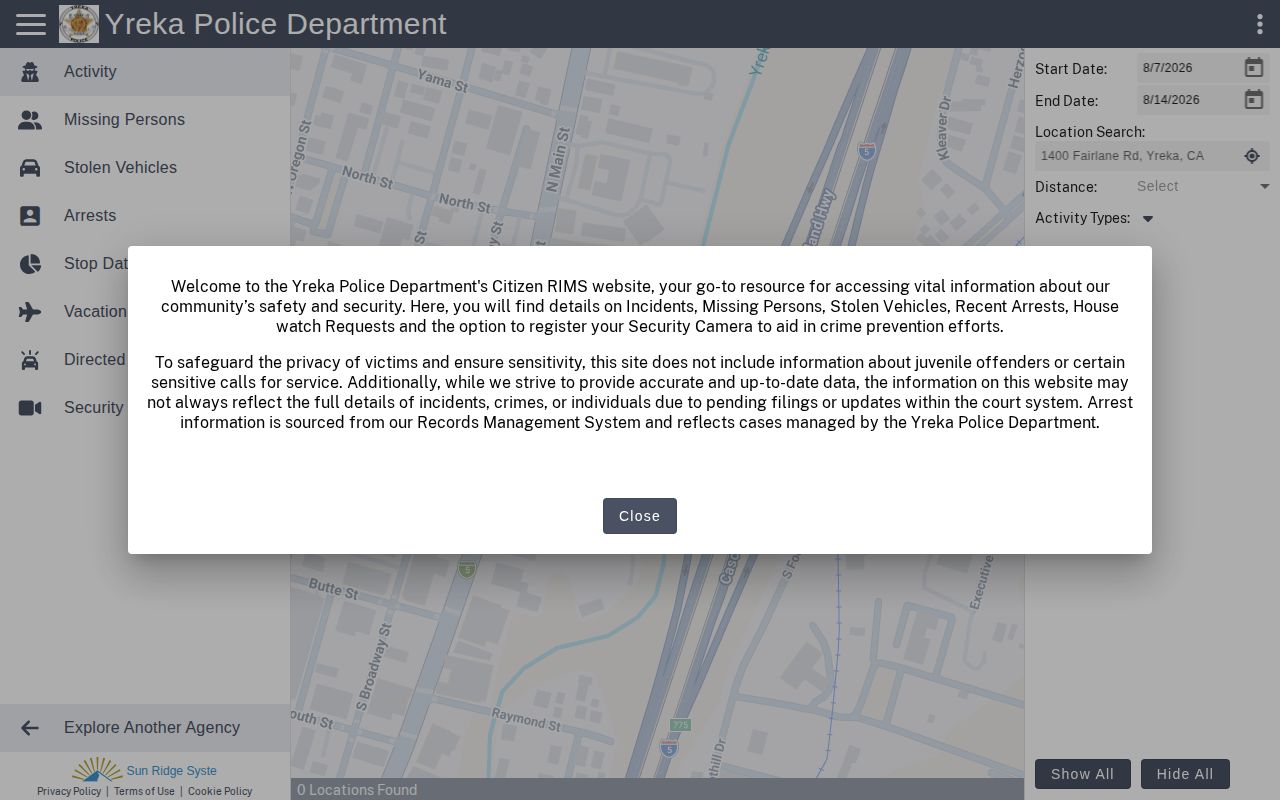 Yreka Police Citizen RIMS arrest and incident records interface